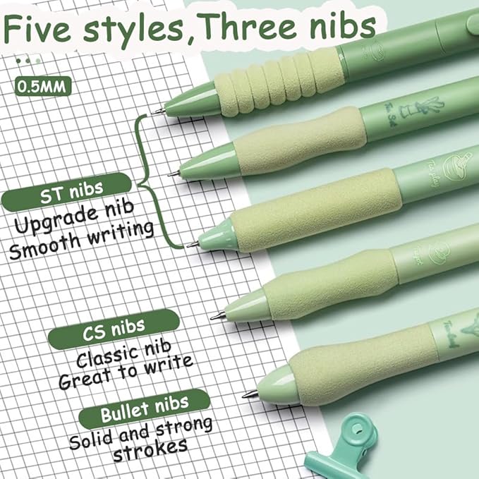 Cute Gel Pens 5Pcs Retractable Quick Dry Ink Pens 0.5mm Fine Point Black Ink Kawaii Smooth Writing Pens for School Office Supplies Aesthetic pretty pens (Green tea)