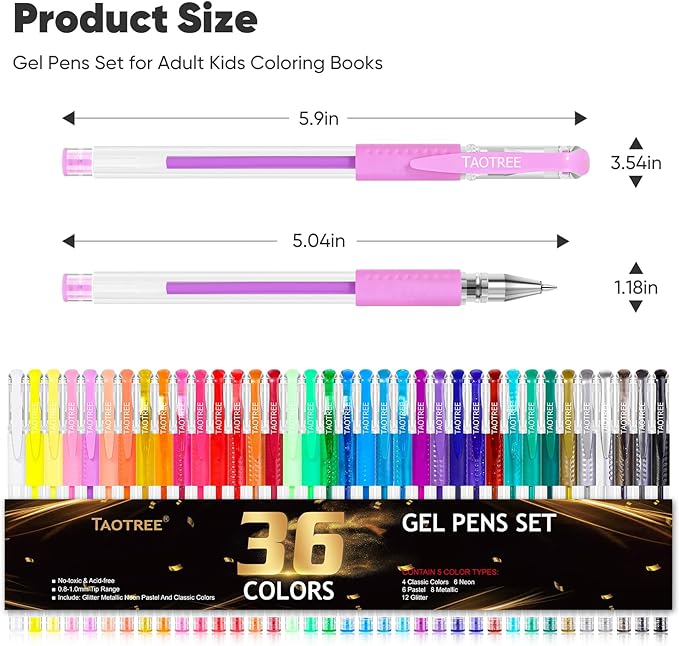 Taotree Gel Pens for Adult Coloring Books, 36-Color Neon Glitter Pens Coloring Drawing Art Supplies, 40% More Ink Glitter Gel Markers Set Colored Sparkle Doodling Journaling Gifts for Kids Teens