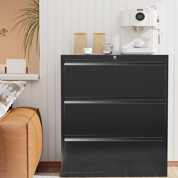 INTERGREAT Lateral File Cabinet with Lock, 3 Drawer Lateral Filing Cabinet for Legal/Letter A4 Size, Metal Steel Locking Black Wide File Cabinets for Home Office