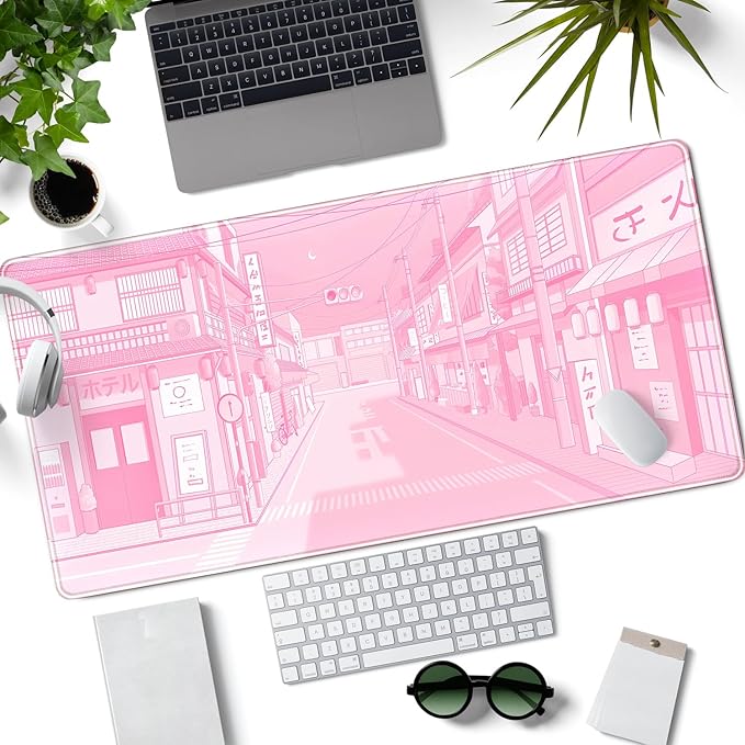 Pink Desk Mat Tokyo Street Desk Mat Anime Japanese Mouse Pad XL Kawaii Large Gaming Mousepad XXL, Cute Desktop Mat Laptop Keyboard Mouse Mat Desk Pad Big 31.5x15.7 in with Stitched Edges Non-Slip