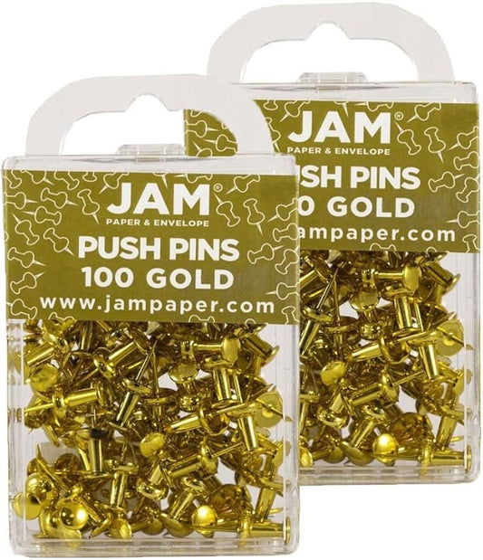 JAM PAPER Colorful Push Pins - Gold Pushpins - 2 Packs of 100
