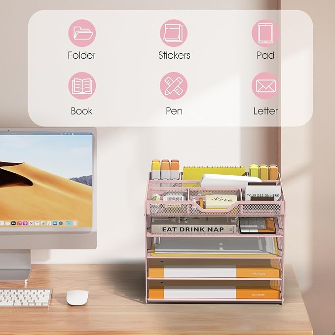 5 Tier Paper Letter Tray with 3 Drop-in Pen Holders, Mesh Desk File Organizer with Handle, Desk Organizers and Accessories for School,Home, Office Supplies Storage-Pink