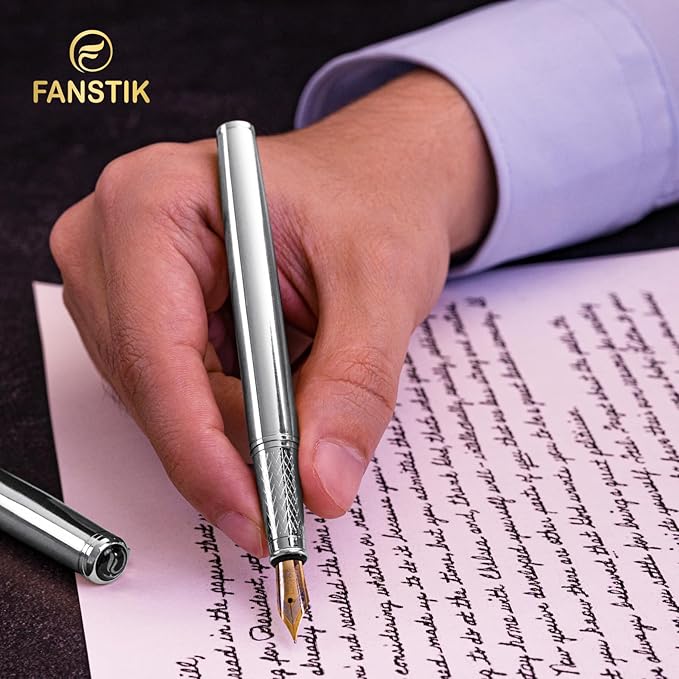 Silver Luxury fountain pen (Made In USA) fancy gift set for women, Chrome Finish, Professional executive pen gift set for men (Lux fountain Silver)