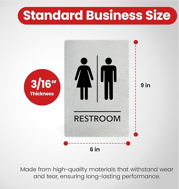 Promot Unisex Bathroom Sign – ADA Braille Restroom Sign for Business, Self-Adhesive, 9" x 6", Commercial Door Signage, Office Wall Decor - Brushed Steel