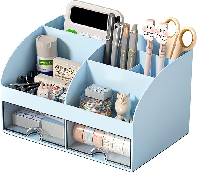 Desk Organizer with 6 Compartments and 2 Drawers, Plastic Makeup Organizer, Pen Holder for Desktop Storage, Desk Organization for School, Home, Office Supplies (Blue)