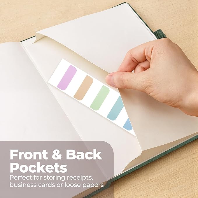 Classic Lined Journal Notebook 8.5x11" A4 Hardcover Leather - Green - 200 Pages College Ruled Large with Sticky Tabs, Pockets, and Pen Loop for Writing and Journaling - Big Hardback Men and Women