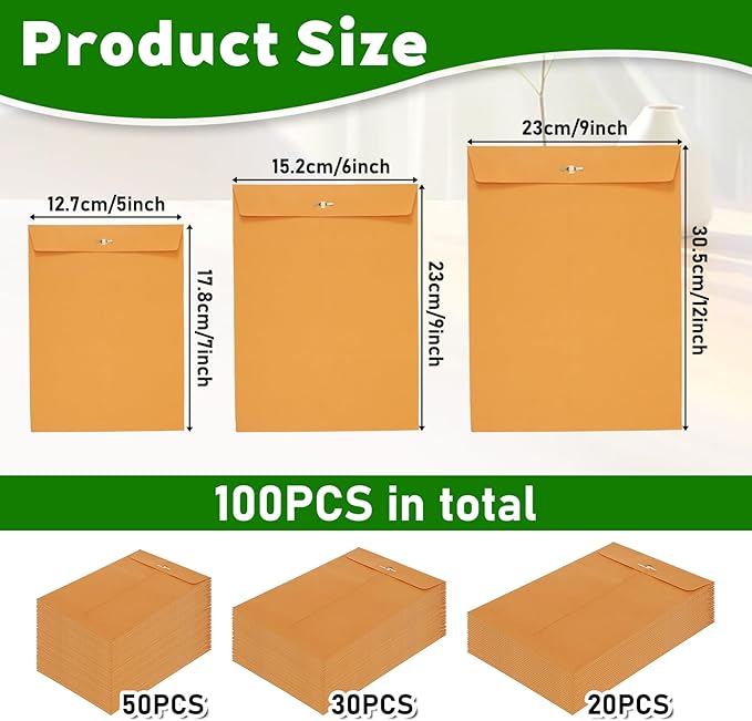 SHENLIU 100Pcs Clasp Envelopes, 3 Sizes Brown Paper Envelopes with Clasp Closure Yellow Manilla Folders for Home, Office, Business, Legal for Filing Storing Mailing Documents (9x12", 6x9", 5x7")