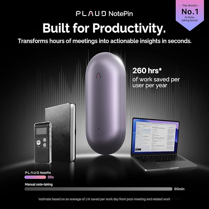 NotePin Voice Recorder, AI Voice Recorder, App Control, AI Notetaker, AI Transcribe & Summarize, Support 112 Languages, 64GB Memory, Audio Recorder for Lectures, Meetings, Sunset Purple