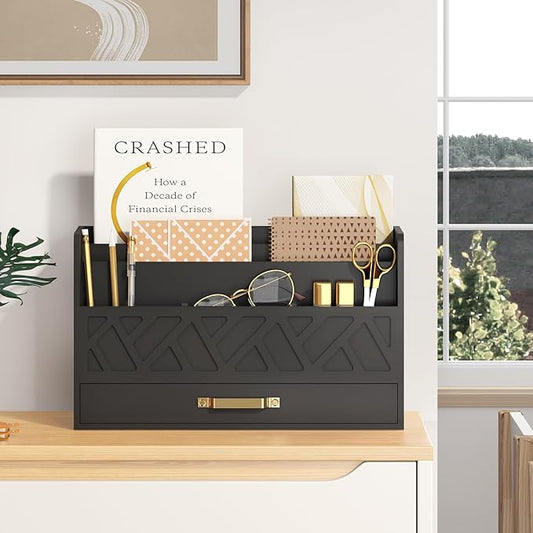 Bamboo Mail Organizer Countertop Wood Desk Organizer Drawer Tabletop Storage Box Letter Sorter Makeup Organizer for School Home Office Supplies Black