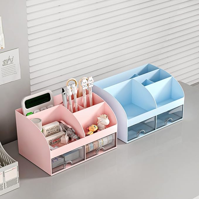 Desk Organizer with 6 Compartments and 2 Drawers, Plastic Makeup Organizer, Pen Holder for Desktop Storage, Desk Organization for School, Home, Office Supplies (Pink)