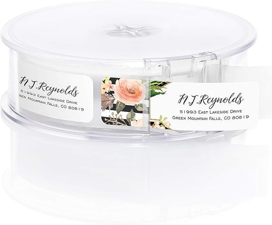 Black and White Stripe Floral Rolled Address Labels/Roll of 250 Personalized Return Address Labels/Designer Return Address Stickers in Elegant Plastic Dispenser