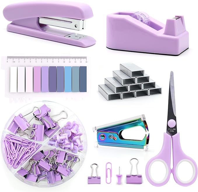 Purple Office Supplies Set, UPIHO Stapler and Tape Dispenser Set, Office Desk Accessories Kit with Stapler, Tape, Remover, Staples, Clips, Scissor and Tabs for Women, Clerks…