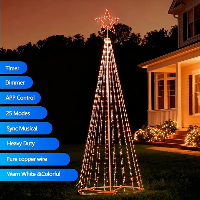 12Ft RGB Outdoor Lighted Christmas Tree Lights Cone Tall Star Topped Artificial Christmas Trees Arbol de Navidad Outside Decor for Xmas New Year Holiday