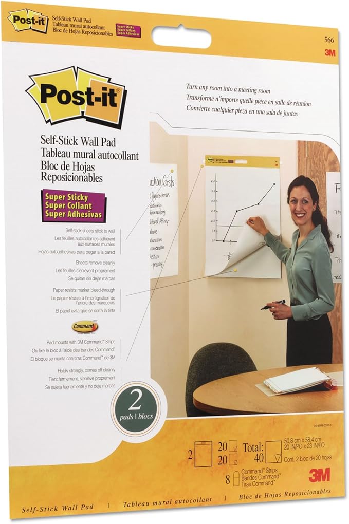 Post-it 566 Self-Stick Wall Pad, 20 x 23, White, 20 Sheets, 2-Pack