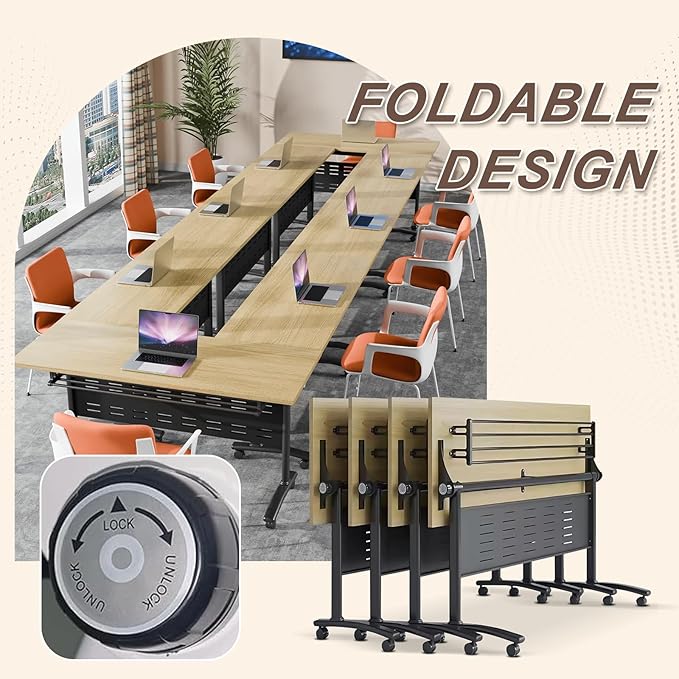 Folding Conference Room Table, Modern Conference Tables with Wheels, Large Rectangular Mobile Training Tables for Office Classroom, Foldable Modular Boardroom Seminar Table Maple (8pack L47.2in)