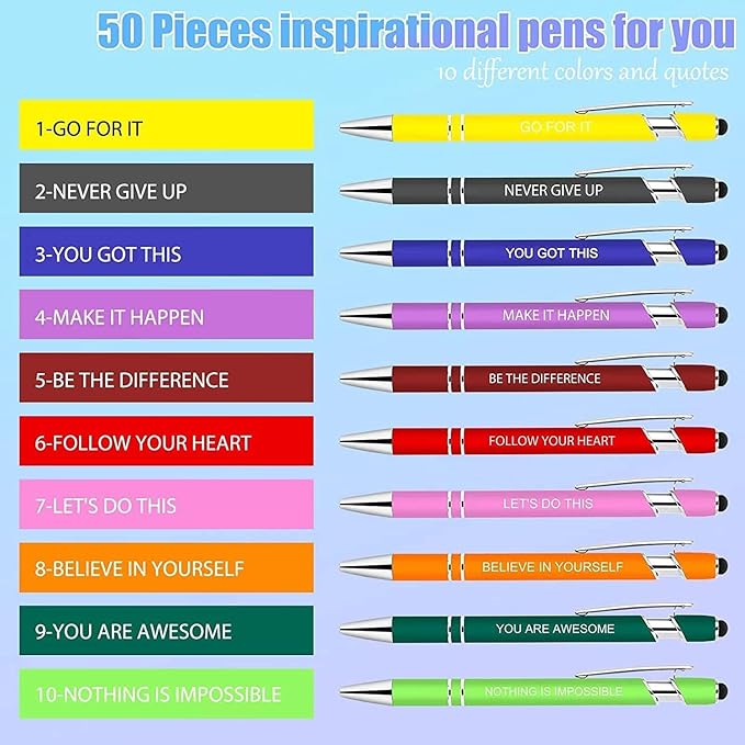 10 Pcs Inspirational Pens - Motivational Ballpoint Ink Pens Bulk with Stylus Tip quotes Gifts for School Coworkers Office Supplies Black Ink