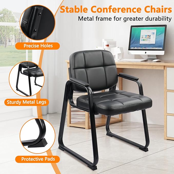 CLATINA Waiting Room Guest Chair with Bonded Leather Padded Arm Rest for Office Reception and Conference Desk Black with Sled Base 2 Pack