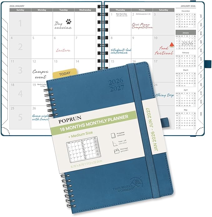 POPRUN Monthly Planner 2026-2027 (Medium 6.5" x 8.5") 18 Months Calendar (Jan 2026 - Jun 2027) - 4 Pages per Month with Expense & Notes, Stair-like tabs, Leather Cover, Sunday Starts - Night Sky Blue