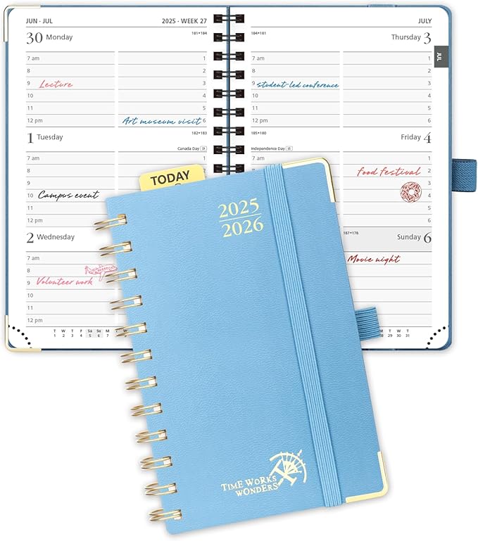 POPRUN Pocket Planner 2025-2026 (Spiral Hardcover - 4''x 6.25''), Daily Weekly and Monthly (July 2025 - June 2026) with Hourly Time Slots, for Purse, 100 GSM - Haze Blue