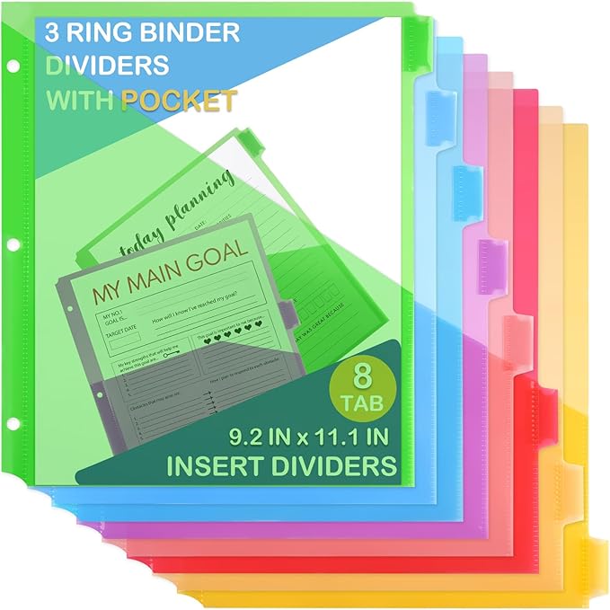 3 Ring Binder Dividers with Pockets, 8 Tab Plastic Dividers for 3 Ring Binders, Heavy Duty Binder Dividers with Blank Write Tabs for School Office Document Indexing and Protection, Multicolor