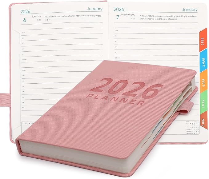 Picoway 2026 Planner A5 400 Pages - Weekly and Monthly Daily Calendar with Thick Paper, One Full Page Per Day Planners from Jan. 2026 - Dec. 2026, Hardcover Notebook ，8.3" x 5.7" (Pink)