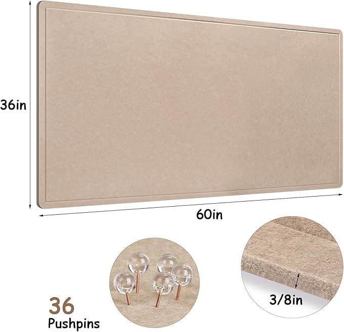 Foldable Large Bulletin Board, 60x36 Inches Cork Board Alternative, Large Felt Board Decorative Pin Board for Wall, Foldable Photo Board Self-Adhesive Vision Board with 36 Pushpins Khaki