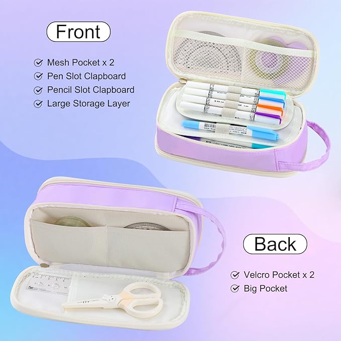 Pencil Case Large Zipper Pencil Pouch for Girls Kids Teens Adults Aesthetic Pencil Bag Stationery Organizer Pencil Case with Handle for School Purple