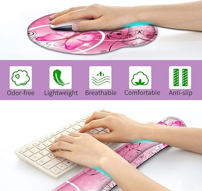 RICHEN Keyboard Wrist Rest and Mouse Pad with Wrist Support, Memory Foam Set for Gaming and Office, Comfortable & Lightweight for Easy Typing & Pain Relief (Pink Butterfly)