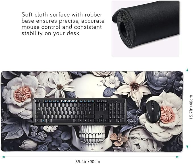 35.4 x 15.7 in, Waterproof XXL Large Mouse Pad for Desk, Extended Keyboard Mouse Mat for Computer Office, Big Laptop Mouse pad, Gaming Pc-White Skull&Flowers