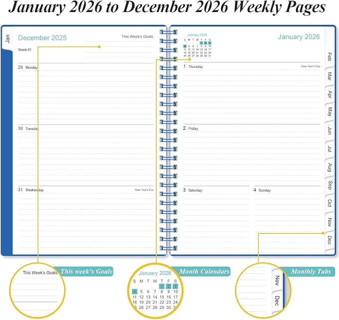 2026 Planner - Planner 2026 from January 2026 - December 2026, Weekly & Monthly Planner Spiral Bound with 12 Monthly Tabs, Inner Pocket, 6.4" x 8.5", Blue-E