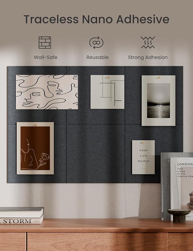 Bumusty Large Cork Board 36"x24" Alternative - 6 Pack Felt Wall Tiles with 40 Safe Removable Adhesive Tabs, 30 Pushpins, Cork Boards for Walls Pin Board Bulletin Board (Deep Charcoal Blue)