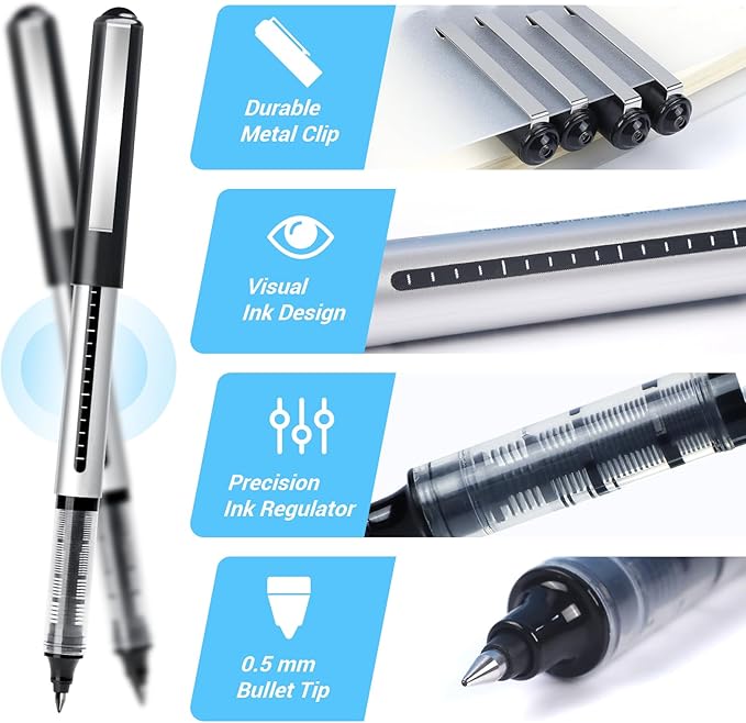Rollerball Pens Fine Point Pens, 26 Pack Black Liquid Ink Rollerball Pens, 0.5mm Roller Ball Pens, Smooth Writing for Journaling School Office