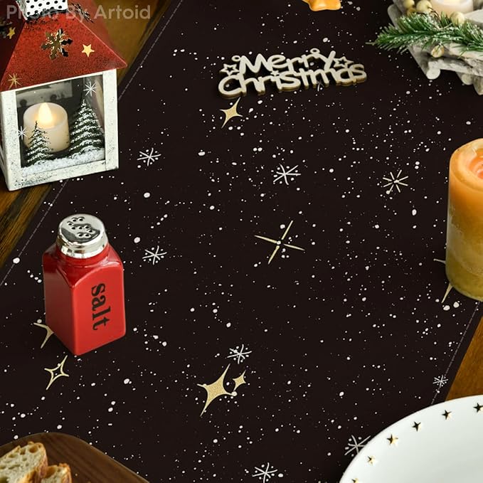 Artoid Mode Xmas Trees Black Merry Christmas Table Runner, Seasonal Winter Kitchen Dining Table Decoration for Home Party Decor 13x120 Inch
