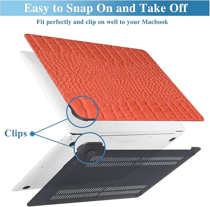 KEROM Compatible with Crocodile MacBook Air 13 inch Case 2021 2020 2019 2018 M1 A2337 A2179 A1932, Textured Elegant Luxury Aligator Skin Snakeskin PU Leather Hard Shell & Keyboard Cover, Orange