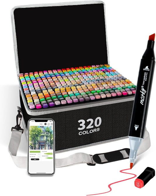 320 Colors Alcohol Markers with Free App, Chisel & Fine Tip Alcohol-Based Marker Set for Adults Kids, Dual Tip Artist Markers for Drawing, Coloring Illustration, Painting and Great Gift Idea