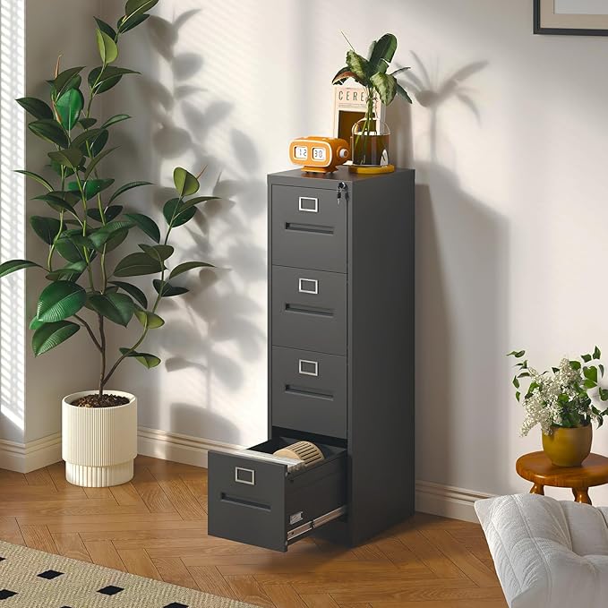 4 Drawer File Cabinet with Lock, Metal Vertical Filing Storage Cabinet for Home Office, Steel Vertical File Cabinets for A4 Legal/Letter Folders,Silent Sliding Drawers, Assembly Required (Black)