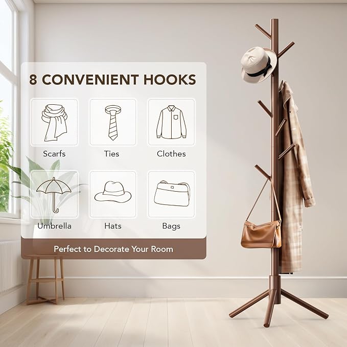 Wooden Tree Coat Rack Stand,Sturdy Freestanding Coat Rack with 8 Hooks,3 Adjustable Height for Child Adult,Wood Coat Stand Tree Fits Entryway Bedroom Office for Bags,Hats