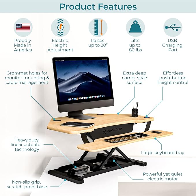 VERSADESK® PowerPro™ 36” x 31” Corner Standing Desk Converter | 36 Inch Electric Adjustable Desk Riser - Sit or Stand w/programmable Controller, Keyboard Tray & USB Hub, Maple