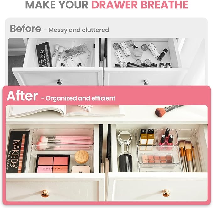 HOUSE DAY Makeup Drawer Organizer Trays 24 PCS, 4-Size Clear Drawer Organizers with Silicone Pads, Vanity Organizers and Storage, Non Slip Plastic Drawer Organizer for Desk, Bathroom, Kitchen, Office