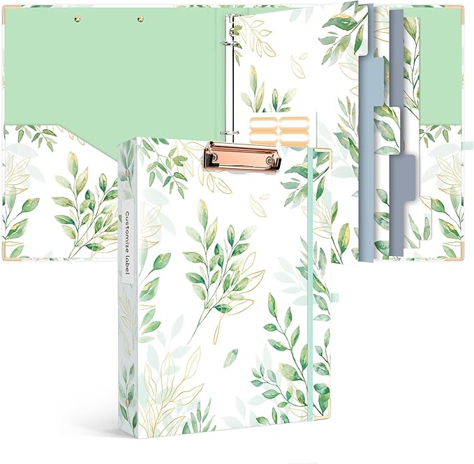 Ospelelf Binder 3 Ring 1 Inch, Green Floral Round Ring Clipboard Binder for Letter Size Paper with 5 Tab Dividers, for School and Office Supplies