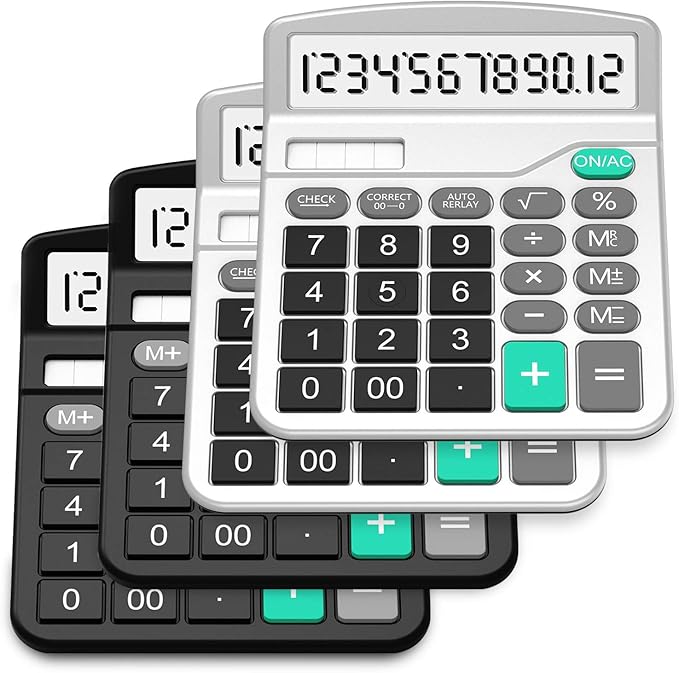 Splaks 4 Pack Standard Functional Desktop Calculator - Solar and AA Battery Dual Power Electronic Calculator with 12-Digit Large Display (2 Basic Black & 2 Updated Silver)