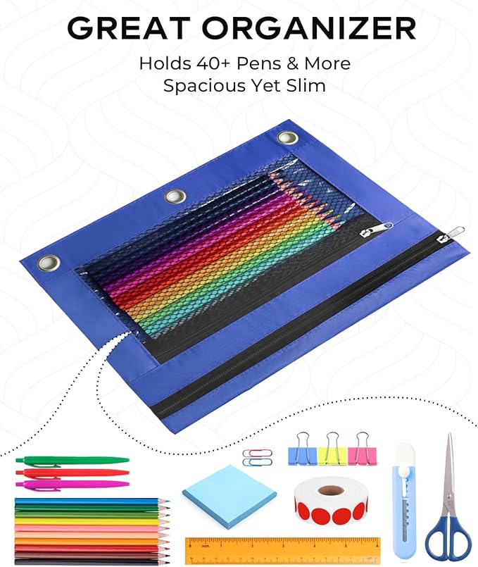 3 Ring Binder Pencil Pouch - School Pencil Case with 2 Zippered Pockets, Clear Mesh Window Pencil Bag, B5 Size, Back to School Gifts (Blue)