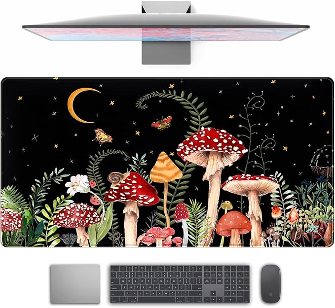 Ferns Leaves Cute Mushrooms Desk Mat Kawaii Green Plants Mouse Pad Xl Mat Large Gaming Desk Pad For Desk Decor Laptop Computer Keyboard Pad Desk Home Office For Women With Stitched Rounds 31.5x15.7 In