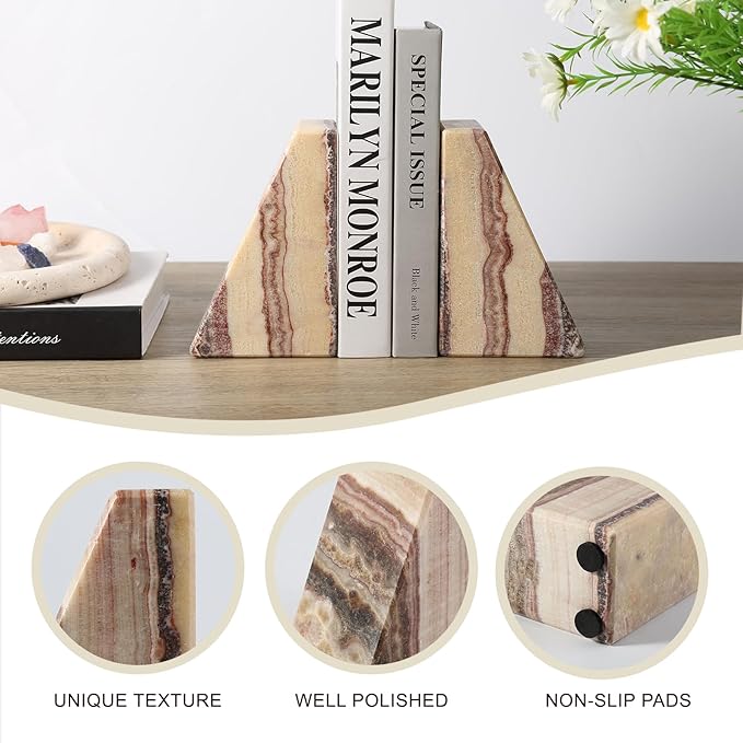 Koville Natural Onyx Bookends for Shelves, Decorative Bookends for Heavy Books, Non-Slip Heavy Duty Book Stopper for CD/Movies, Aesthetic Decorative Book Ends for Bookshevles Table Home Decor