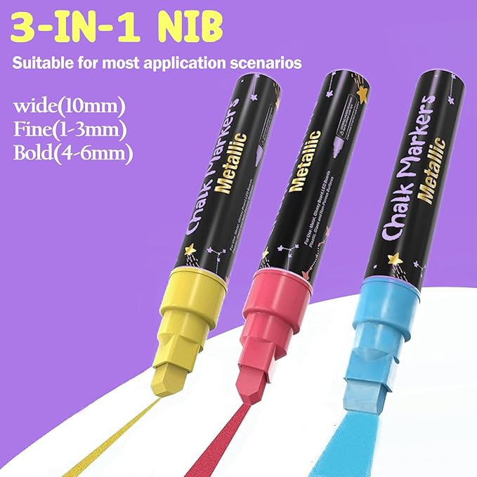 Window Chalk Markers for Cars Glass Washable, 8 Colors Metallic Jumbo Liquid Chalk Marker Pens with 10mm 3 in 1 Nib Wide Tip, Chalkboard Markers Car Window Paint Pen for Auto, Mirror, Poster