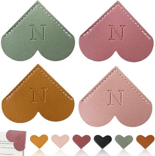 Personalized Leather Heart Bookmark, 26 Letters Customized Corner Book Mark for Reading Women, Book Marker with Initials，Cute Gifts (Light Pink+Deep Pink+Green+Light Brown, N)