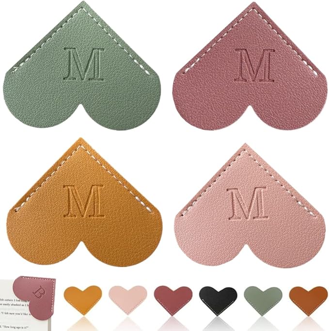 Personalized Leather Heart Bookmark, 26 Letters Customized Corner Book Mark for Reading Women, Book Marker with Initials，Cute Gifts (Light Pink+Deep Pink+Green+Light Brown, M)