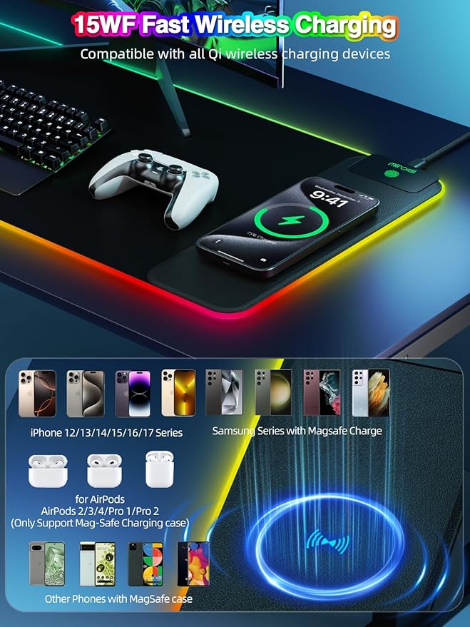 Wireless Charging Mouse Pad, 31.5"x11.81" XL Gaming Mousepad with 11 RGB Colors & 5 Lighting Modes, Home Office Large Desk Pad, Ultra-Smooth Surface, Non-Slip, Waterproof Keyboard Pad Black Desk Mat