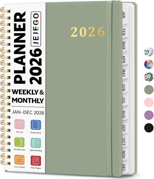 2026 Planner, Weekly and Monthly Calendar Planner Book, January 2026 - December 2026, Hardcover Spiral Planner with Monthly Tabs, Notes Pages, Perfect for Women & Men, A5 (6.4" x 8.5") - Green