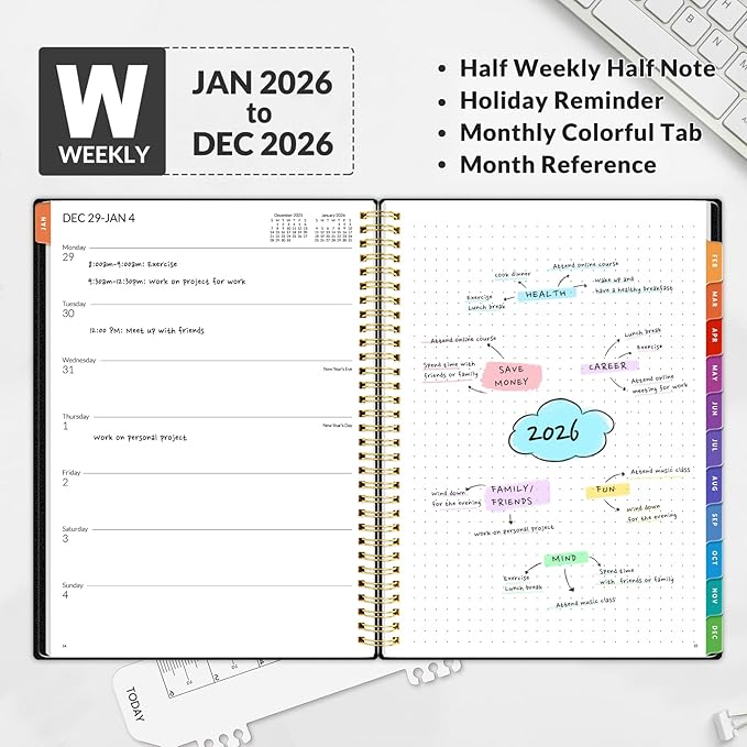 2026 Planner SUNEE Weekly and Monthly Planner - January 2026-December 2026, 8.5"x11" Half Weekly Half Note, Daily 2026 Calendar Planner with PVC Waterproof Cover, Monthly Tab, Note, Bookmark, Black